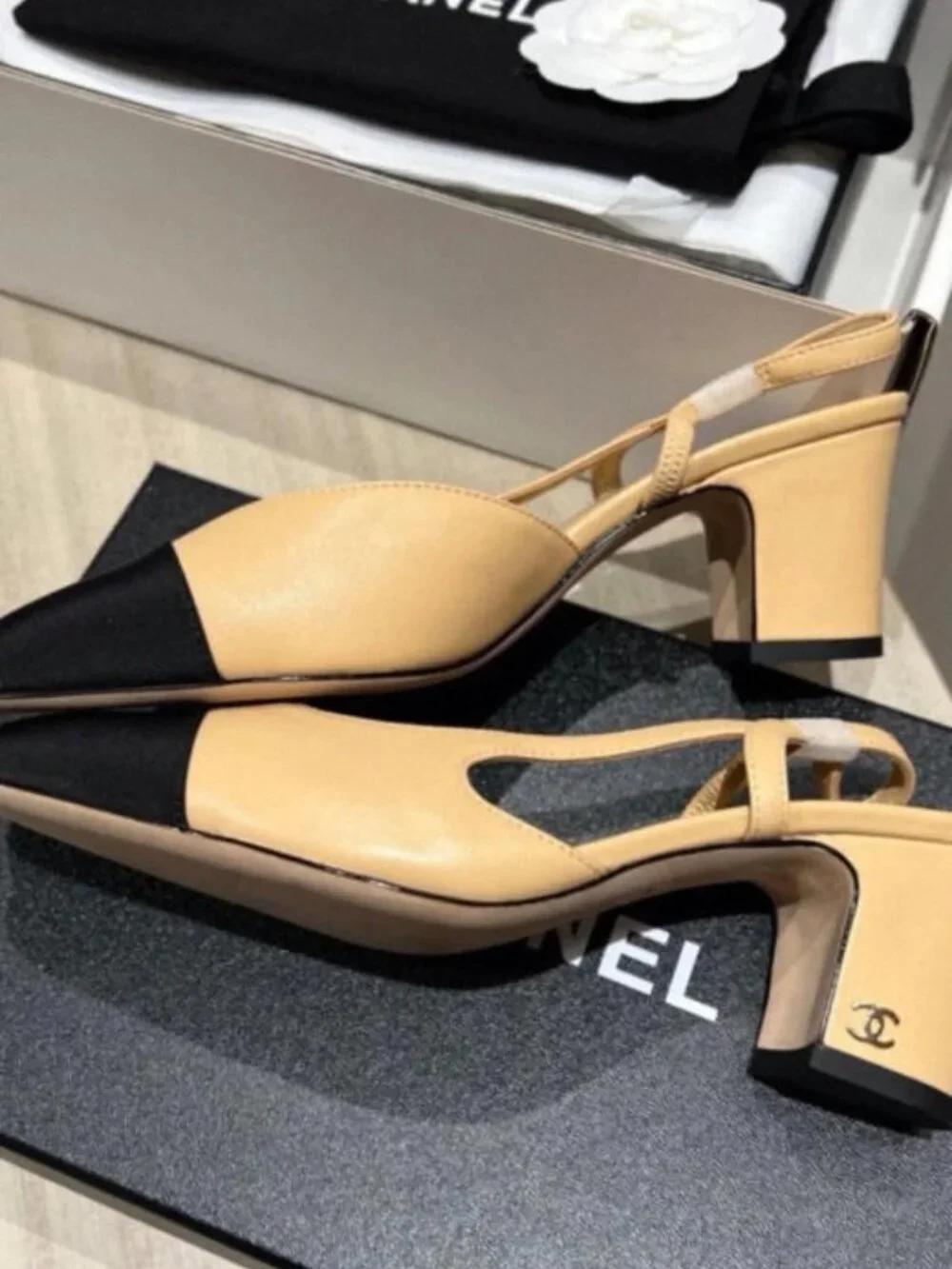 CHANEL Beige & Black Slingback Pumps – Size 39, with Original Box